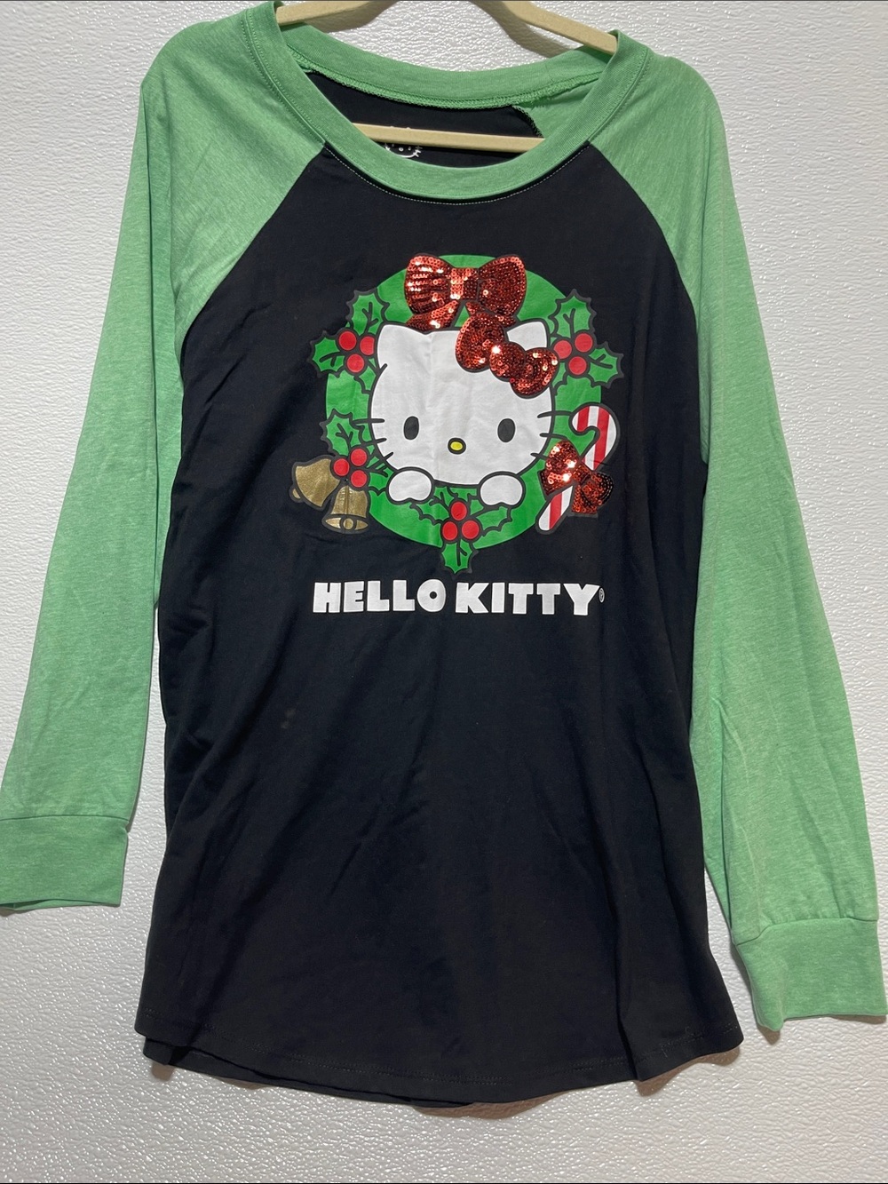 Hello Kitty Black & Green Raglan Long Sleeve Tee with Red Sequin Bow